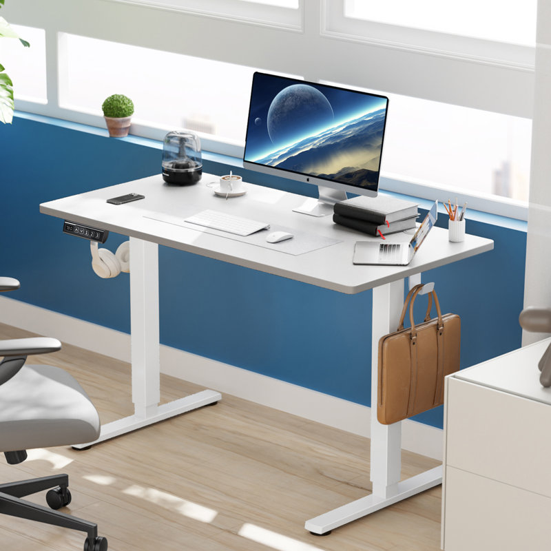 Jakyb Standing Height Adjustable Desks Latitude Run Color Top Frame White Size 46.46 H x 47.24 W x 23.62 D